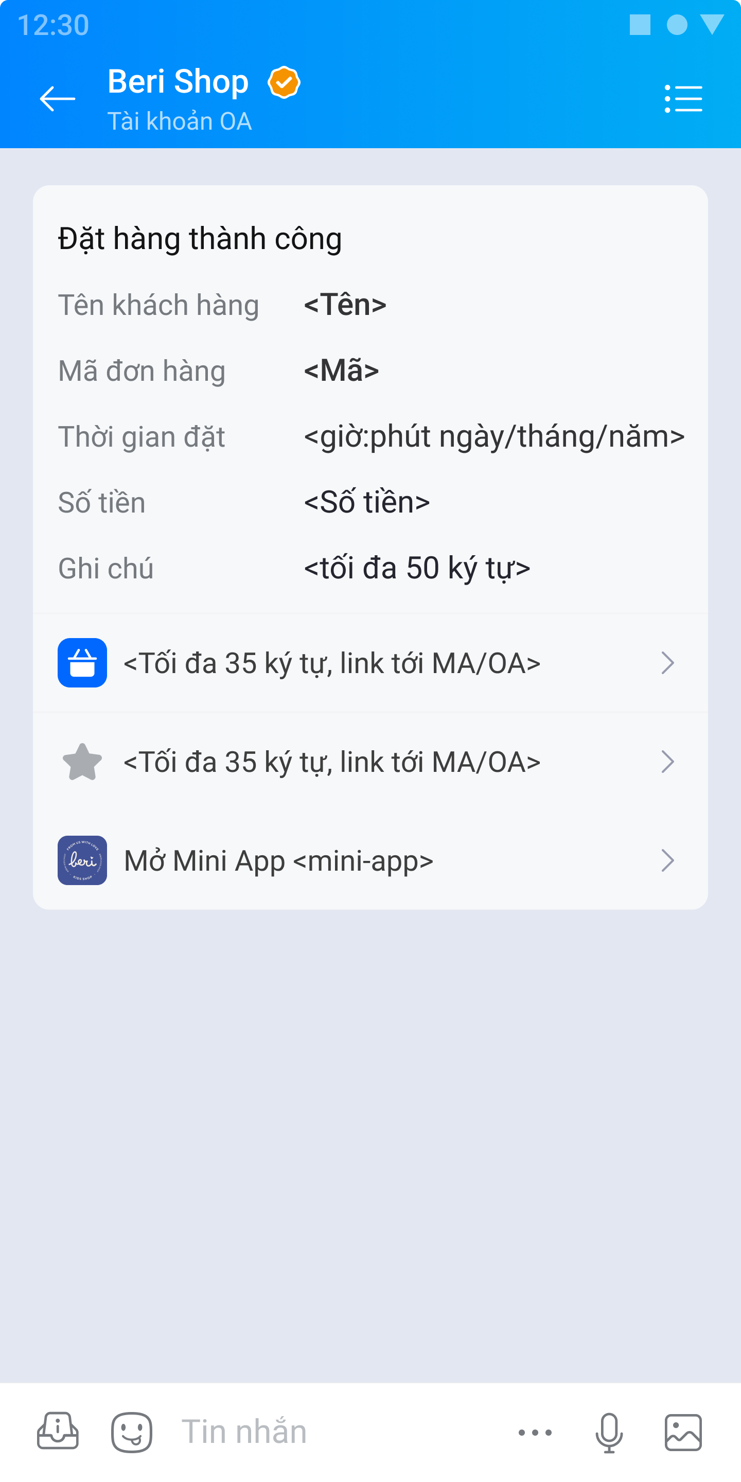 Template tin Mini app trên Zalo khi đặt hàng thành công cho ngành E-com