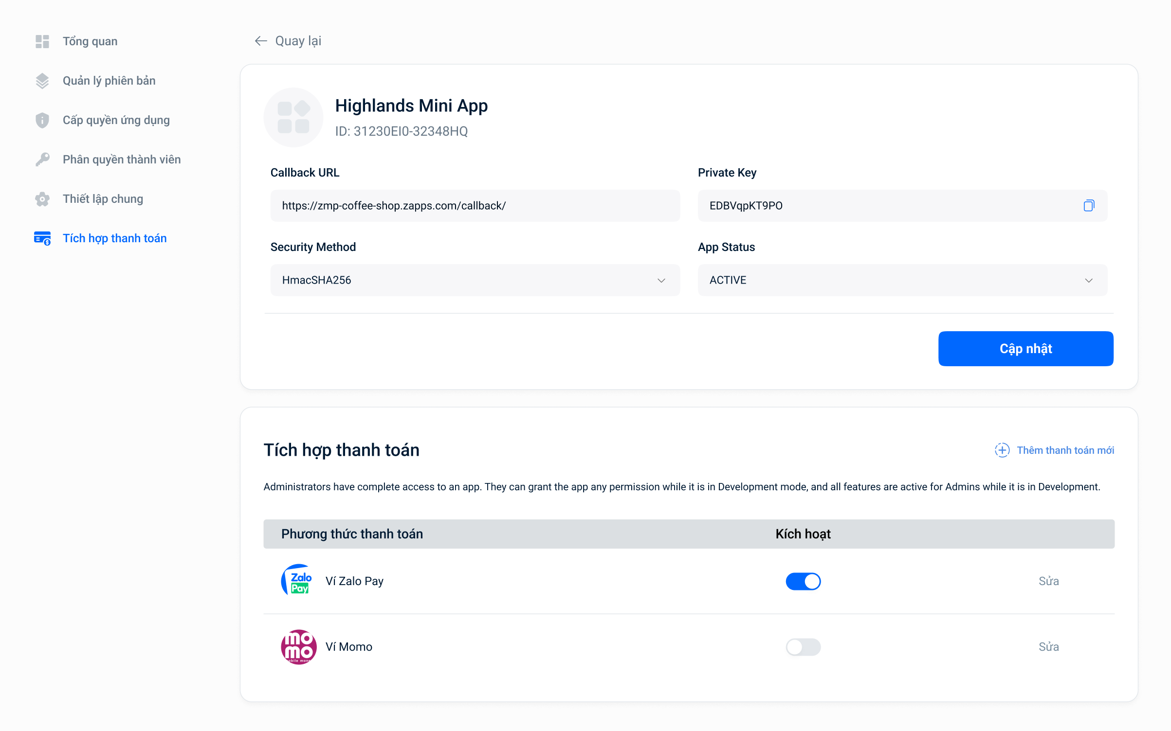 Trang quản lý tích hợp thanh toán