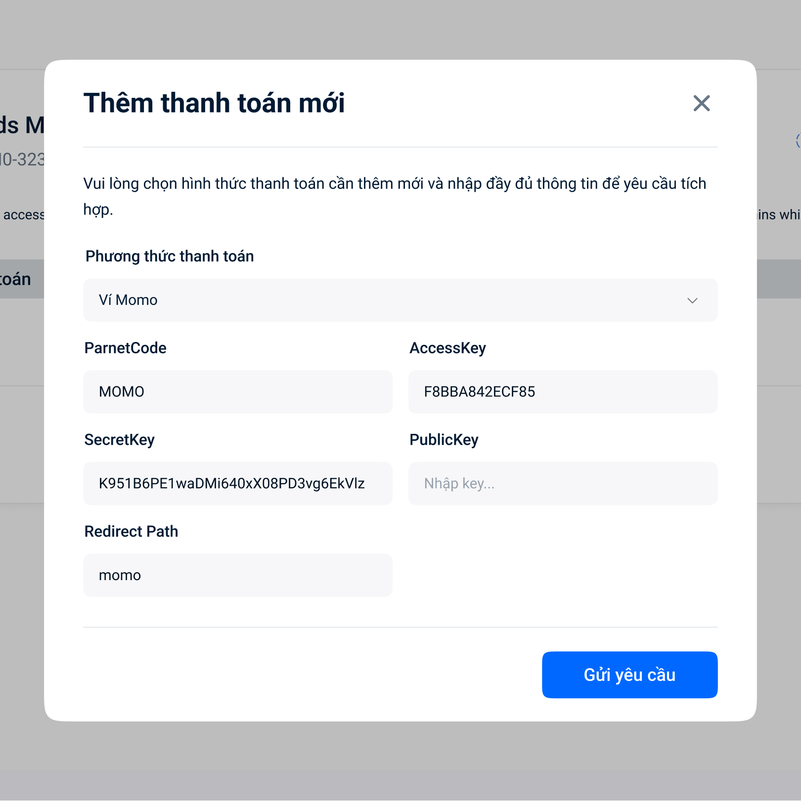 Trang quản lý tích hợp thanh toán