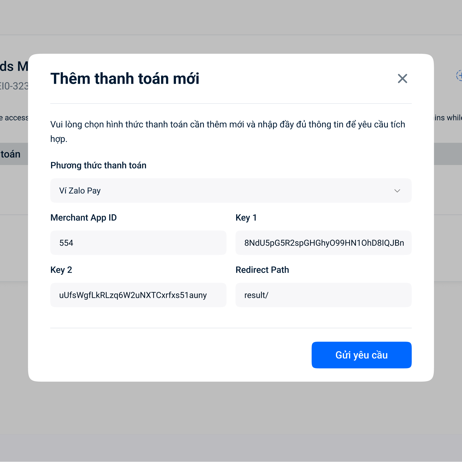 Trang quản lý tích hợp thanh toán
