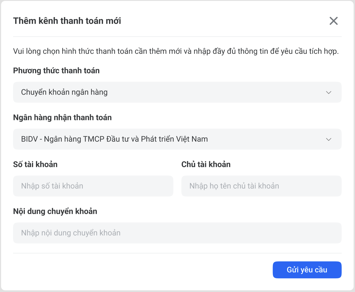 Trang quản lý tích hợp thanh toán